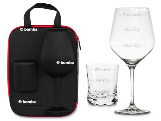Etui mit Weinglas und Whiskyglas Who cares