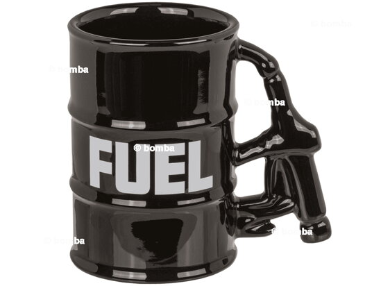 Schwarze Tasse in Fassform mit Pumpe