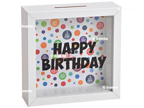 Weiße Spardose &quot;Happy Birthday&quot; mit Glasfront