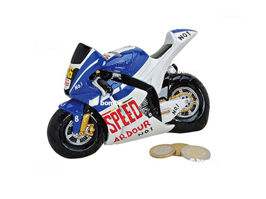 Spardose Rennmotorrad blau/weiß