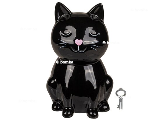 Keramik Spardose schwarze Katze mit Schloss