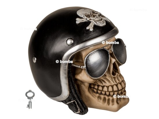 Spardose Totenkopf mit schwarzem Motorradhelm