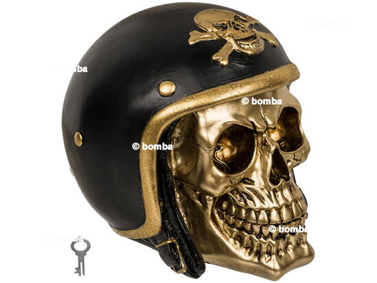 Spardose goldener Totenkopf mit Motorradhelm
