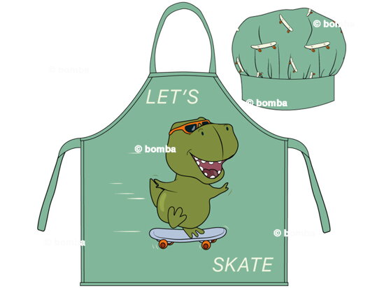 Kinderschürze mit Kochmütze Dino Skateboard