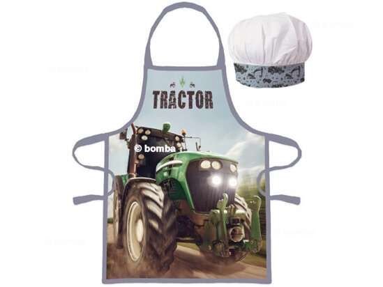 Kinderschürze mit Kochmütze Grüner Traktor