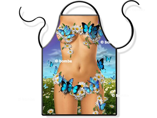 Schürze Frau mit Blumen und Schmetterlingen